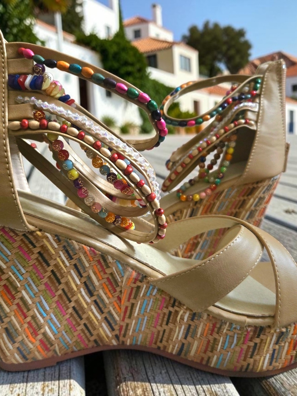 Women’s Beige Wedge Sandals with Multicolor Beaded Straps